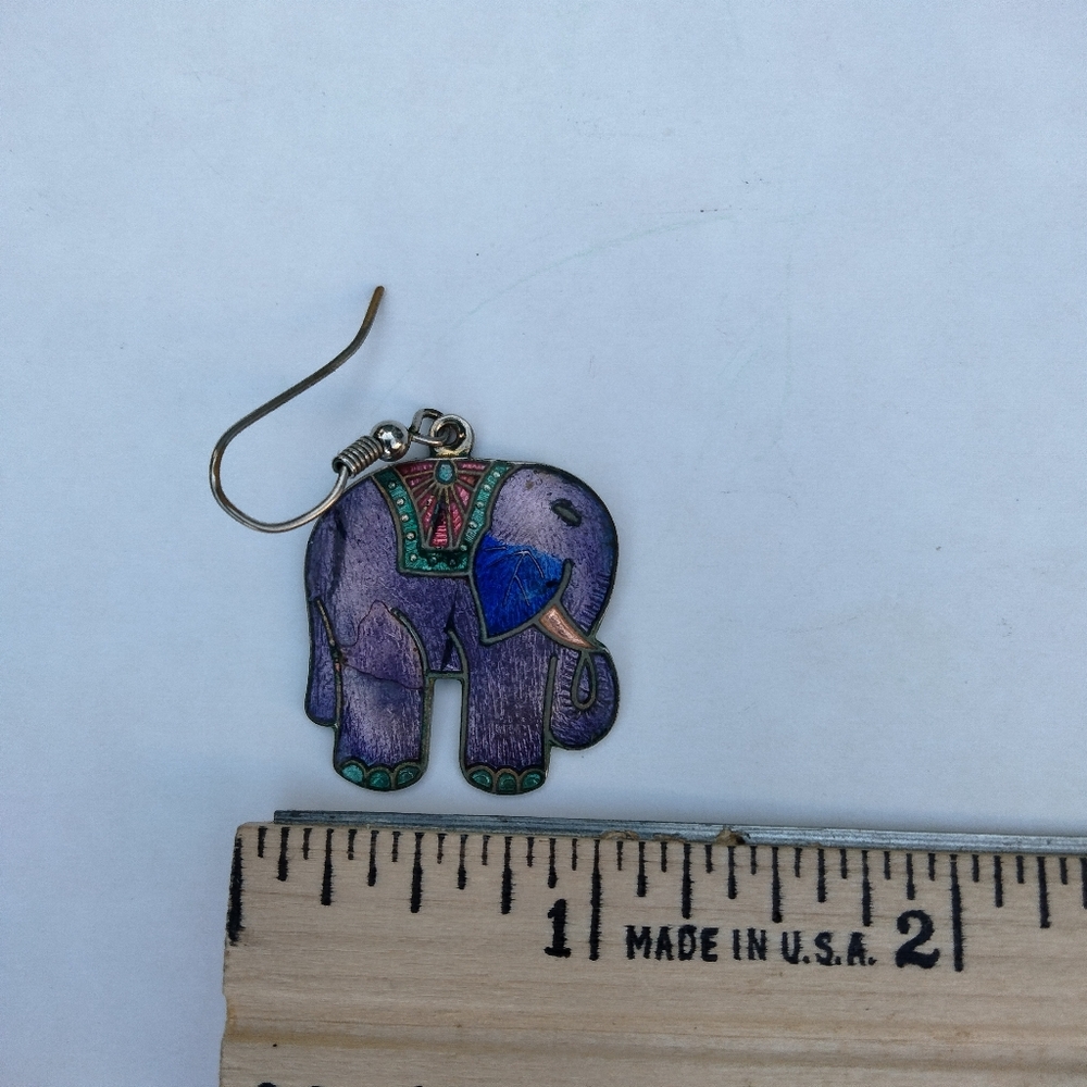 Vintage Cloisonne Enamel Purple Lucky Elephant Dangle Earrings - Picture 7 of 8